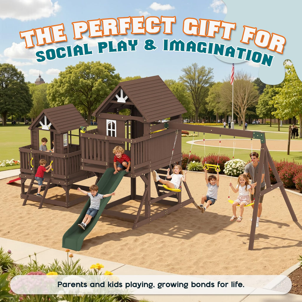 Wooden Swing Set for Kids with Double Towers