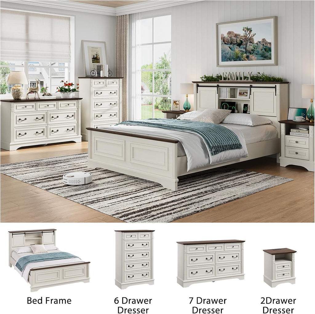 Farmhouse with 6 Drawers, Antique White, or Office Storage