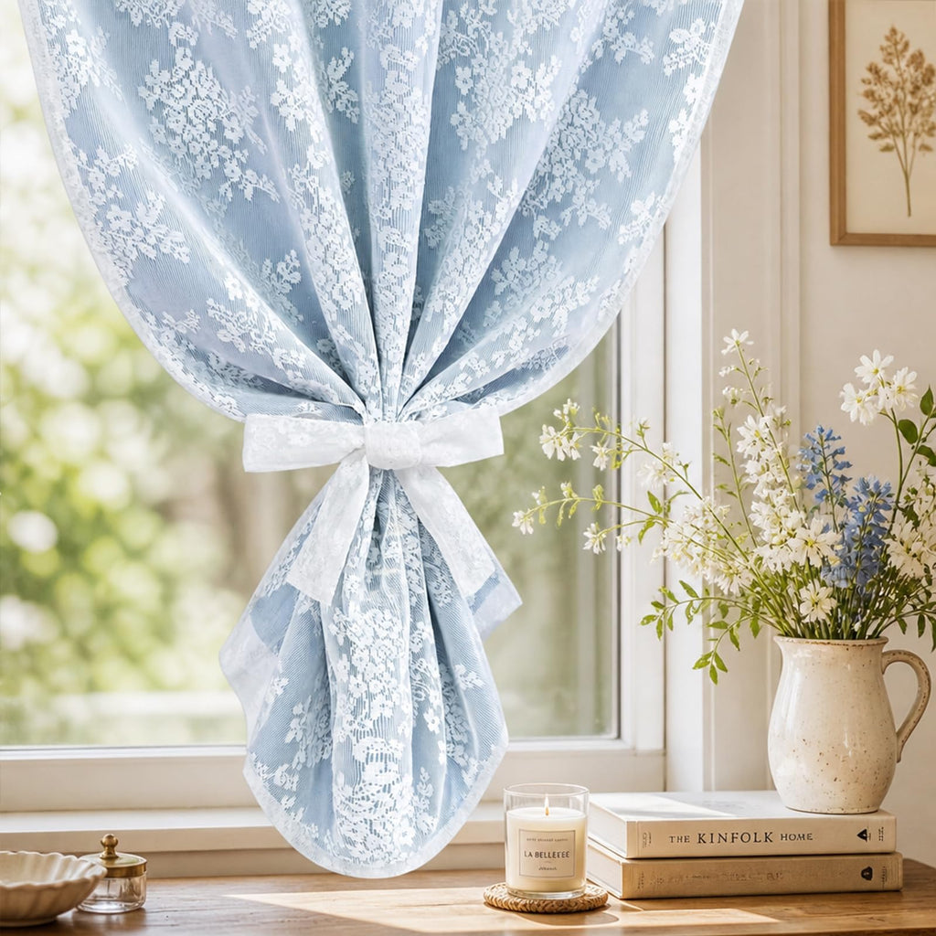 Blue Kitchen Curtains 36 Inch Length Double Layer Blackout Cafe Curtains with Floral Sheer Overlay Rod Pocket Short