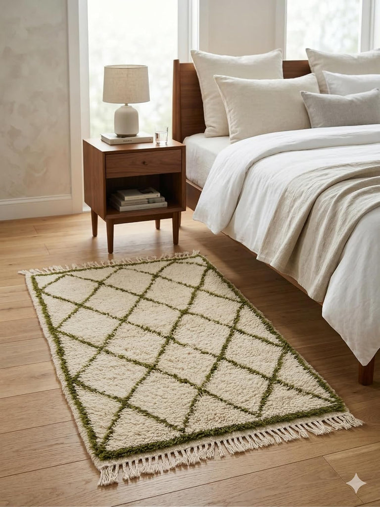 Handmade Moroccan Berber Area Rug 3' x 5', 100% Wool High Pile Shag, Beni Ourain Style, Ivory/Cream with Green