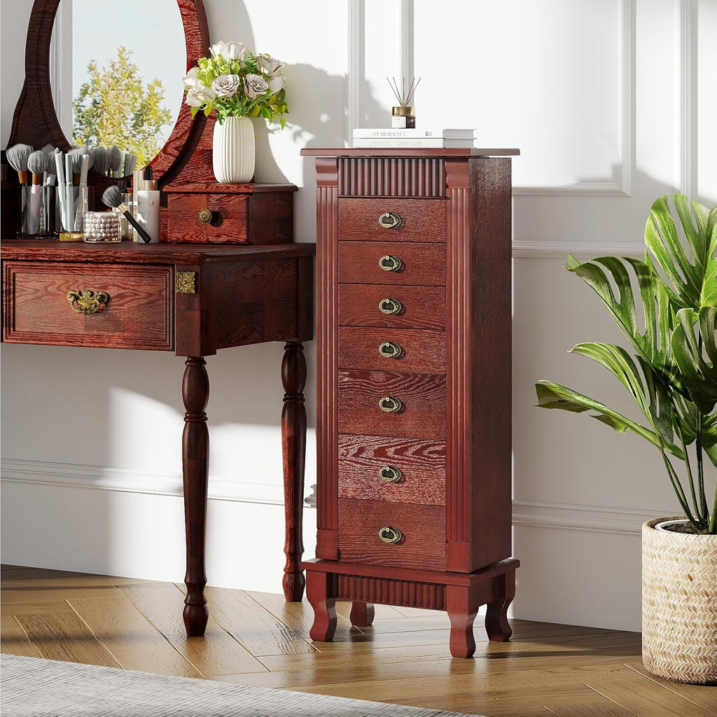 Standing Jewelry Armoire Cabinet, Large Jewelry Organizer Chest with 7 Drawers, 2 Swing Doors, 12 Necklace Hooks &
