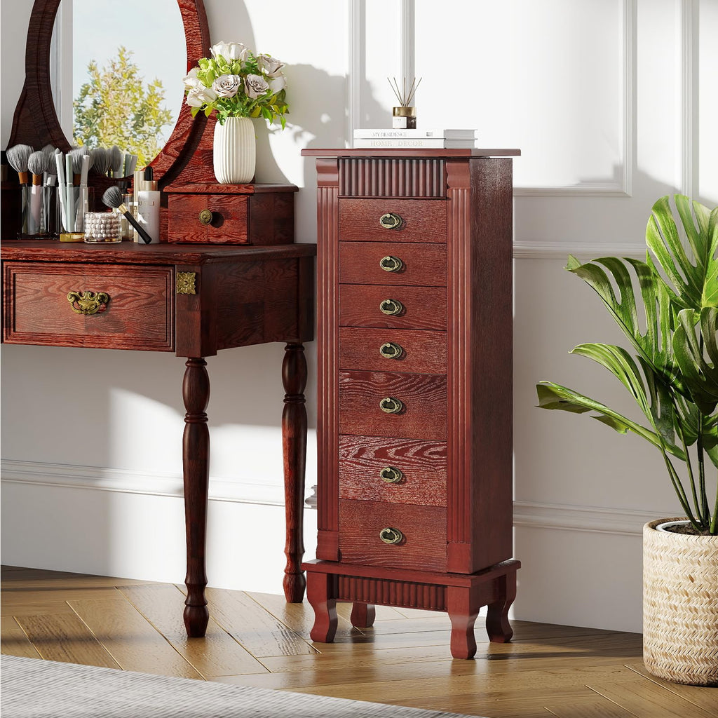 Standing Jewelry Cabinet with 7 Drawers, Flip-Top Mirror, Cherry