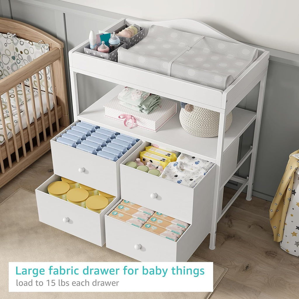 Changing Table Dresser with 4 Fabric Drawers and Open Shelf, Baby Dresser with Changing Table Top Diaper Changing