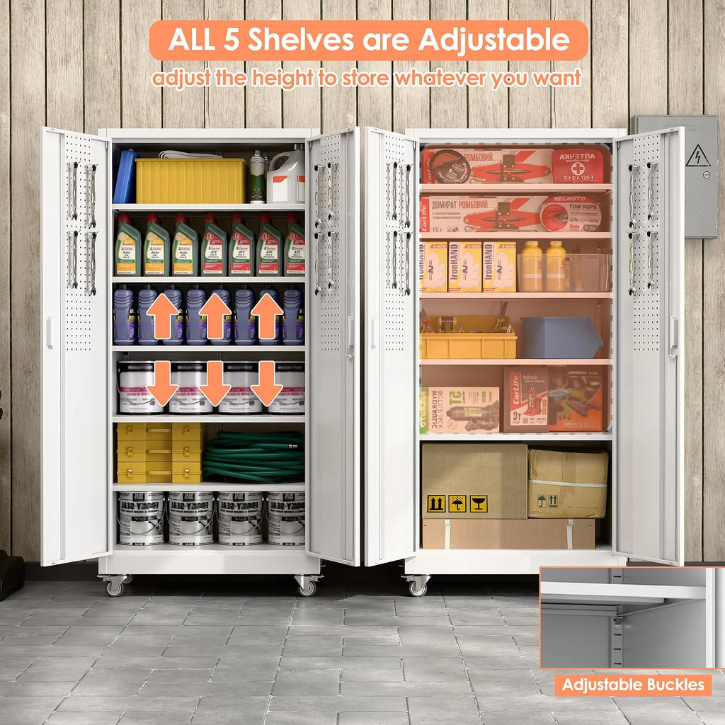71" White Metal Storage Cabinet with Wheels and Pegboard | 16"D x 32"W x 71"H steel cabinet; lockable doors, 5