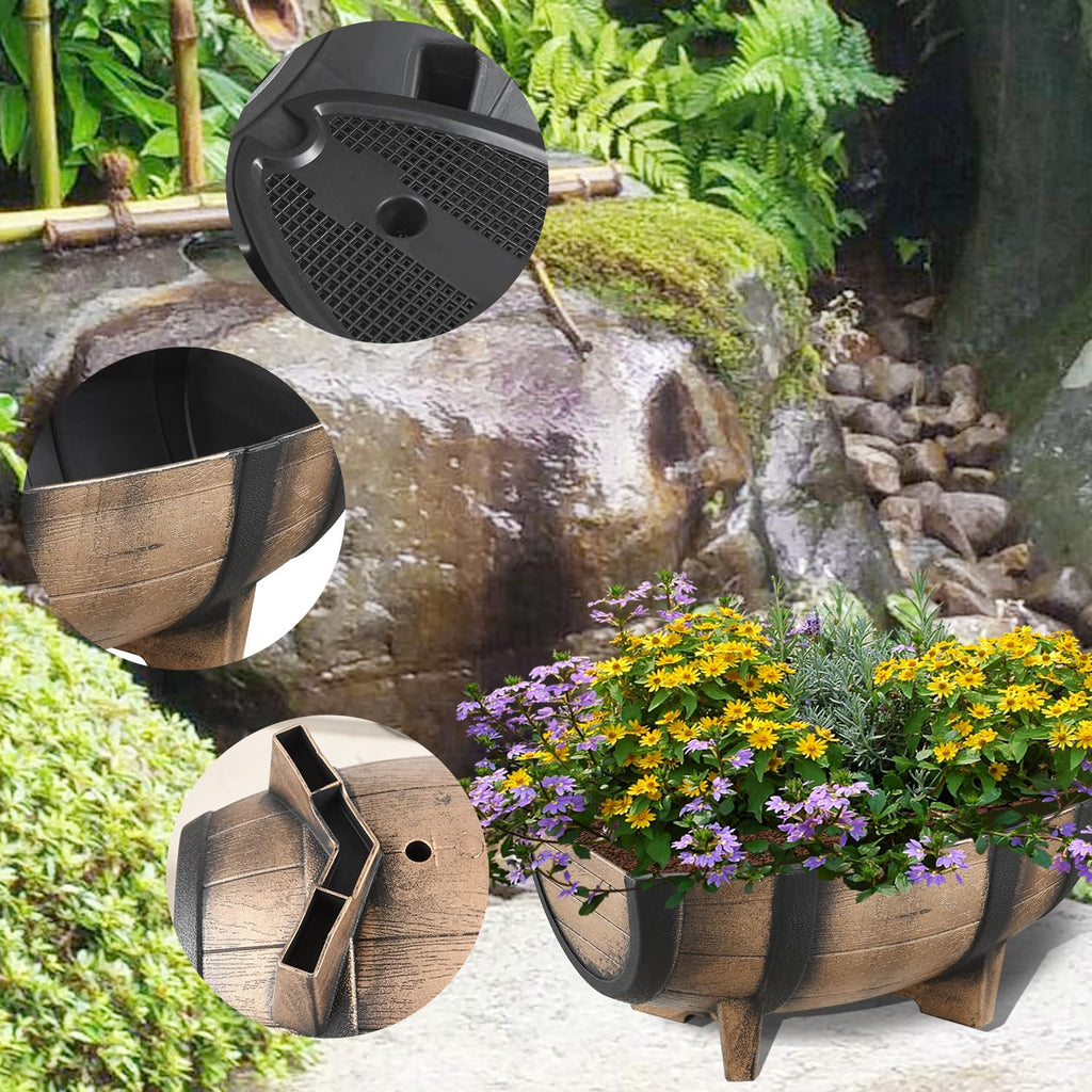 YI 2 Pack Rustic Half Barrel Planters, 16.34x11.81x7.28 Inches Plastic Weather Resistant Plant Flower Pot Indoor &