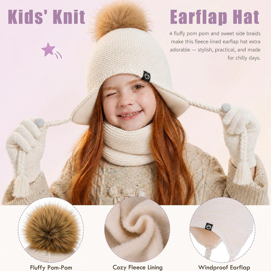 Kids Winter Hat Gloves Scarf Set Warm Earflaps Soft Fleece Lined