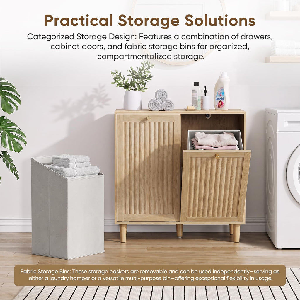 Tilt-Out Dual Laundry Storage Hamper Cabinet, Natural, with 2 Hamper.