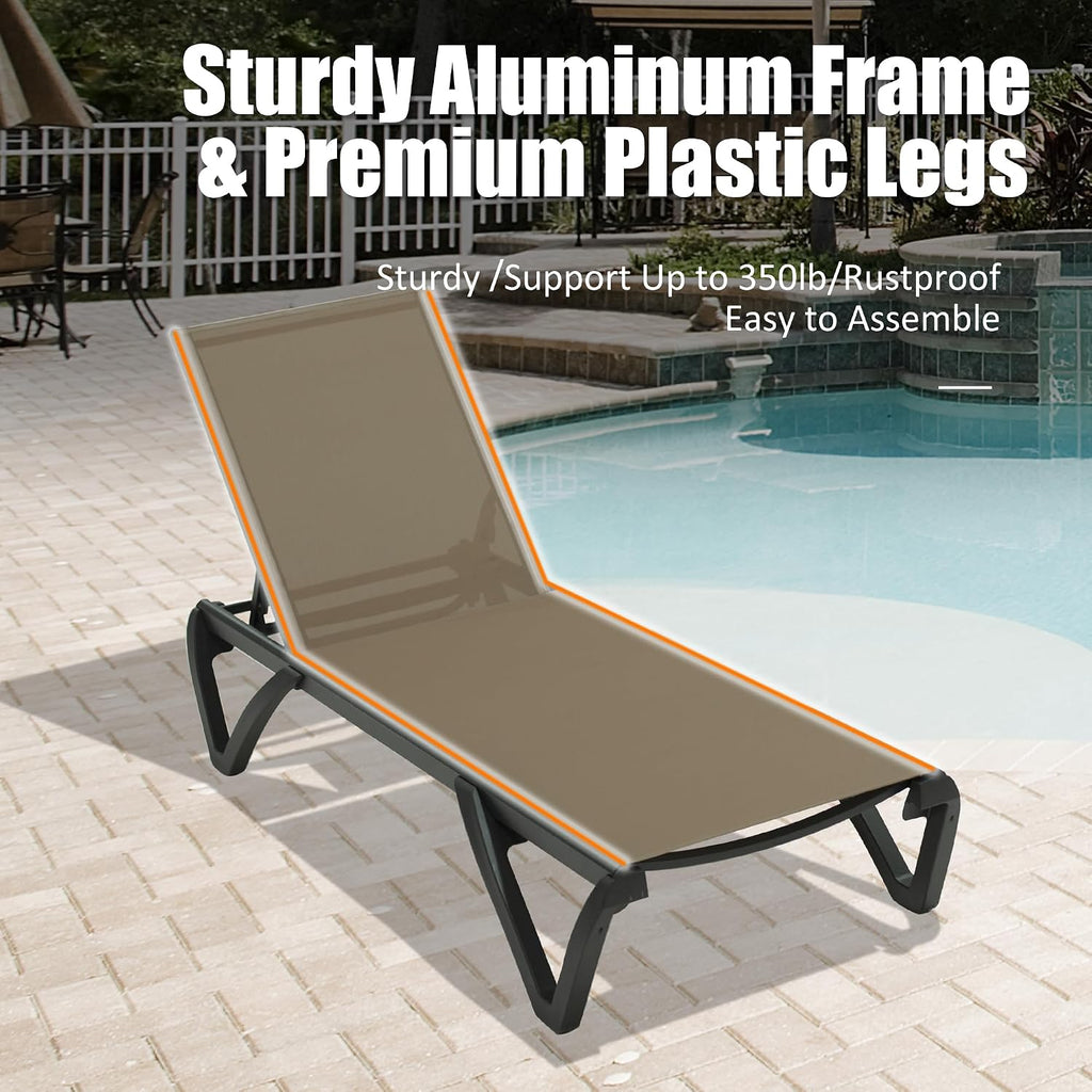 Pool Lounge Chairs Set of 2, Aluminum Patio Chaise Lounge with Wheels, 5 Position Adjustable, All Weather