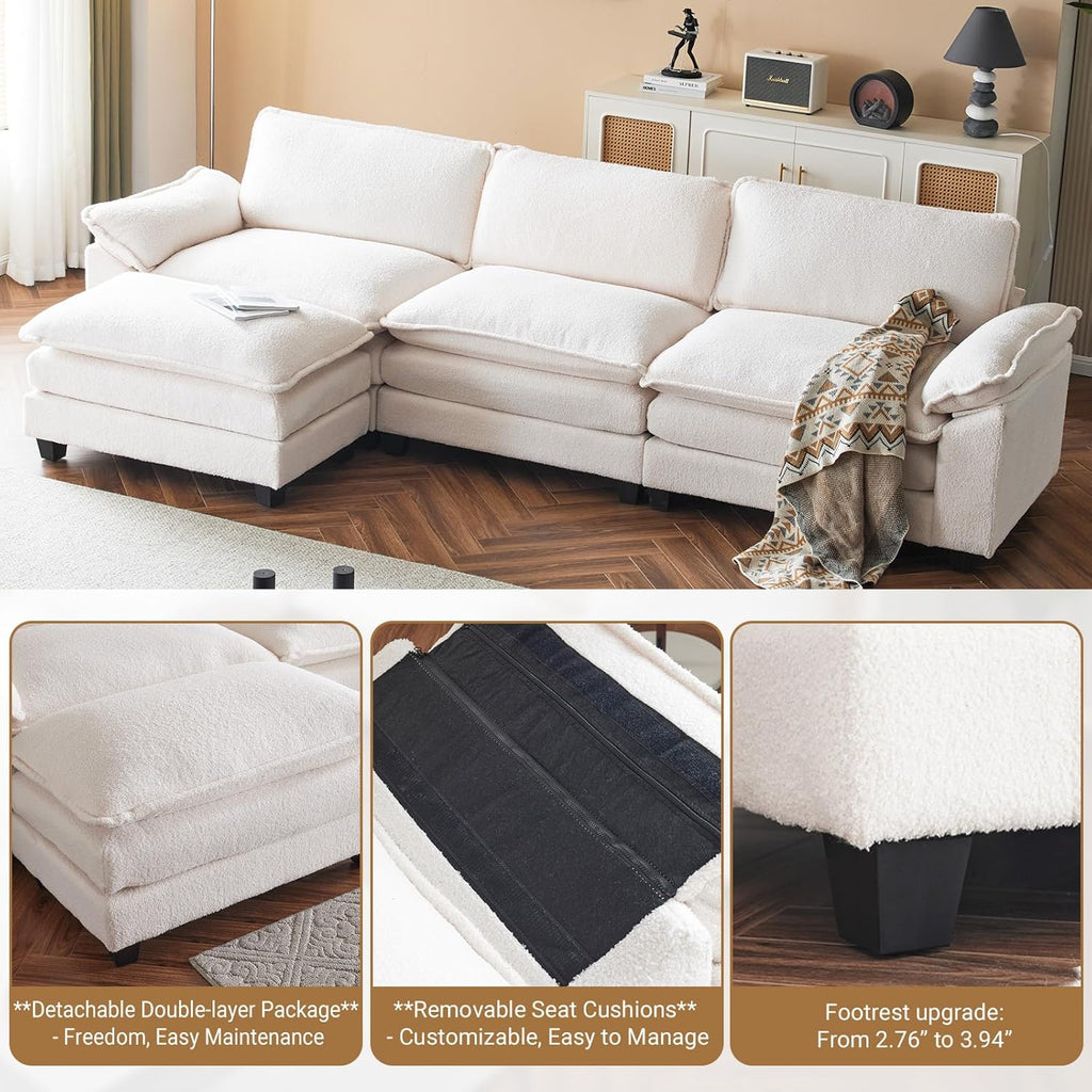 122" Cloud Teddy White Convertible Sectional Sofa
