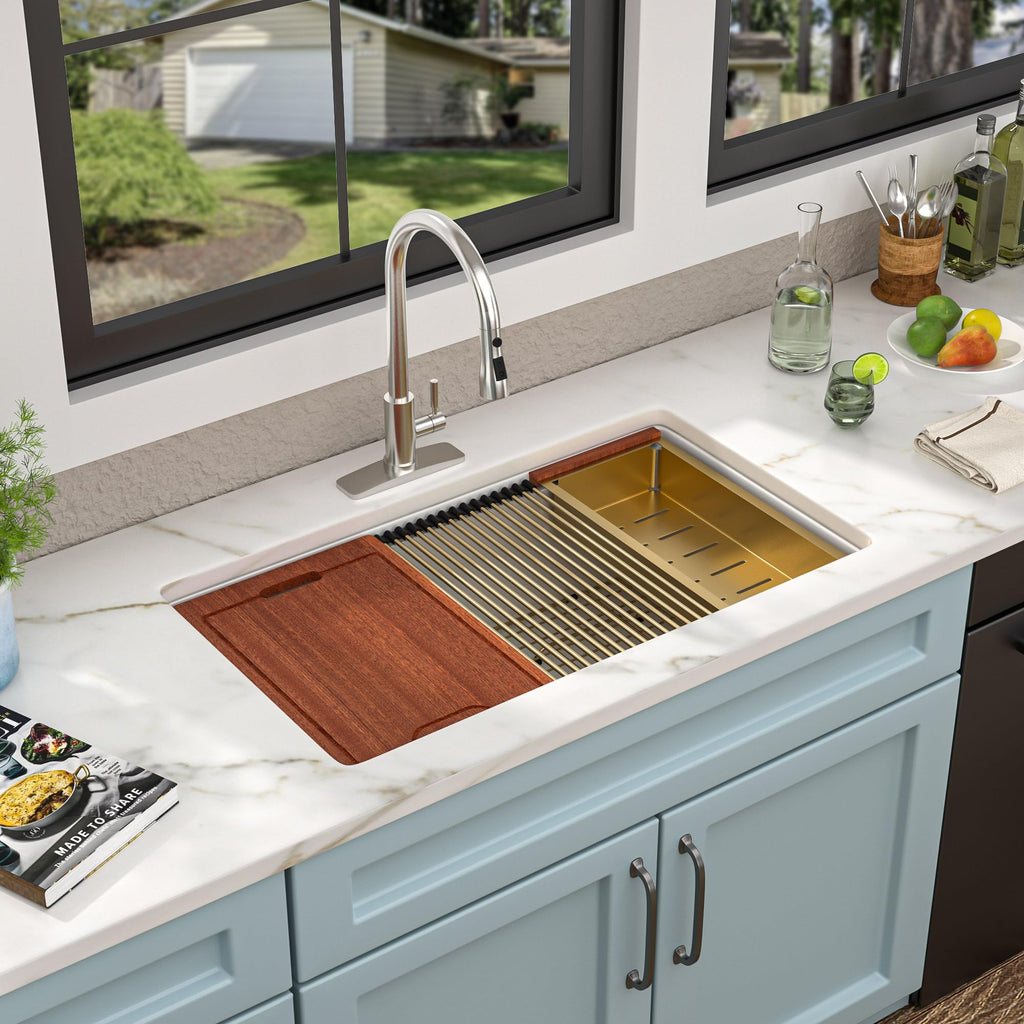 33"x19" White Undermount Kitchen Sink Workstaion - High-Gloss Ceramic Porcelain Fireclay Dual Mount Single Bowl Drop