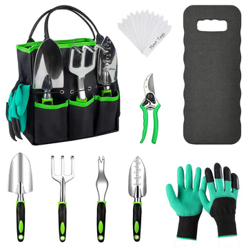 Gardening Tools Set, 23-Piece Heavy Duty Ergonomic Garden Hand Tools with Storage Tote, Knee Pad & Protective Gloves