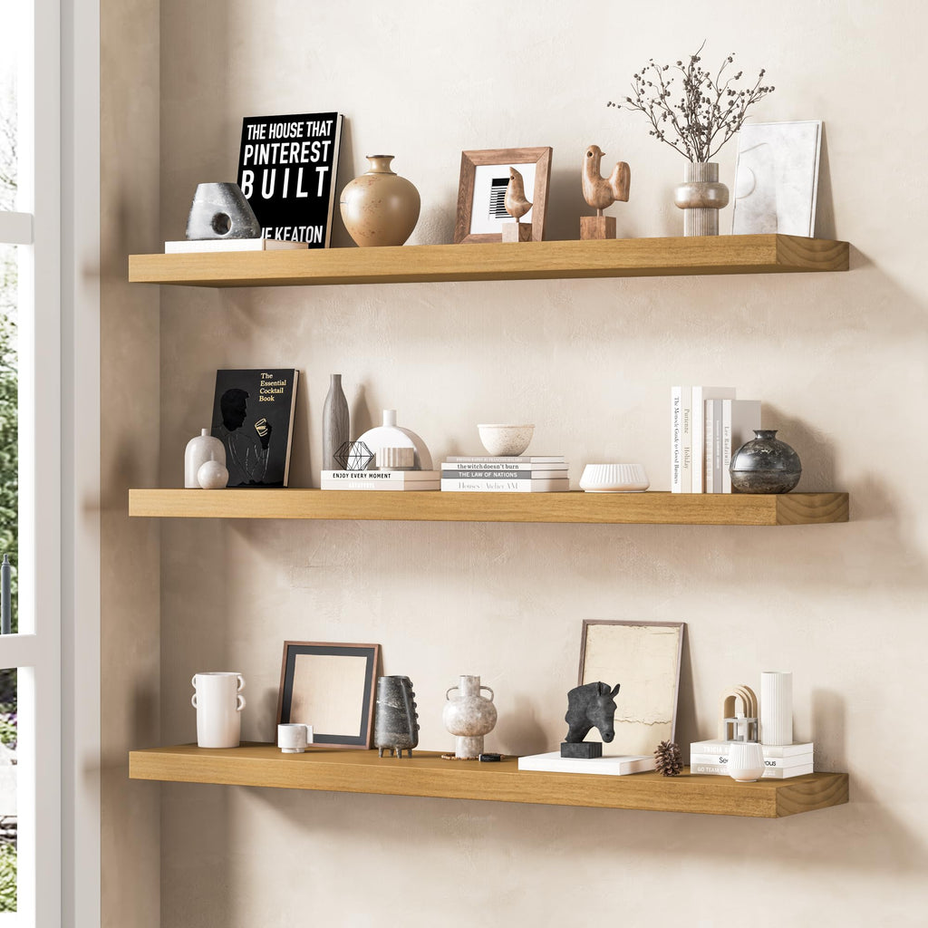 Solid Wood Floating Shelves for Wall, Set of 1 - 72 Inch Rustic Farmhouse Wall Shelf, Deep Natural Wood Storage Shelf