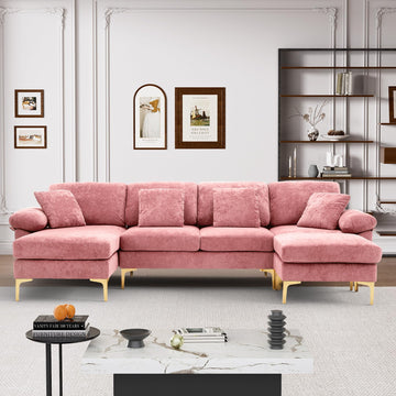 114" U-Shaped Sectional Couch with Ottoman, Pink