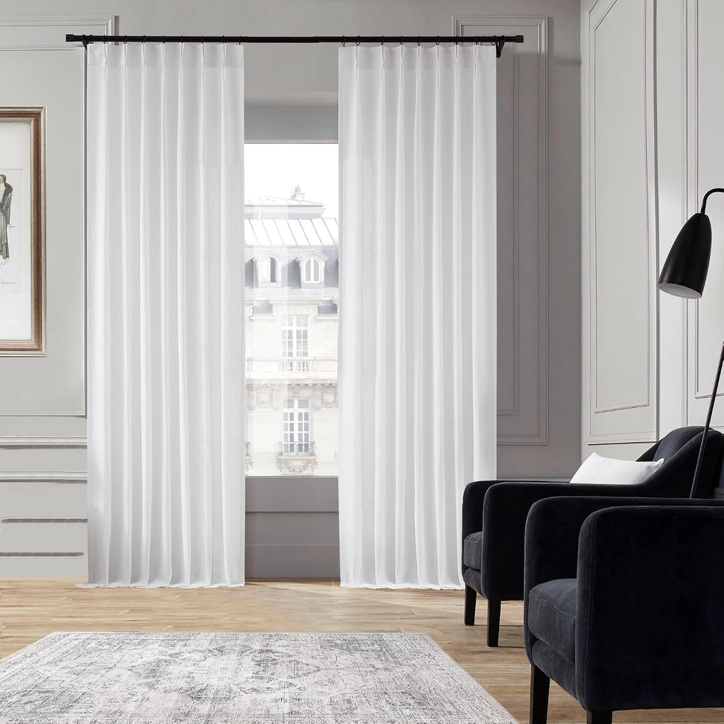 120 Inches White Pinch Pleated Semi Sheer Curtains Linen Blend Light Filtering Window Curtain for Living Room Bedroom