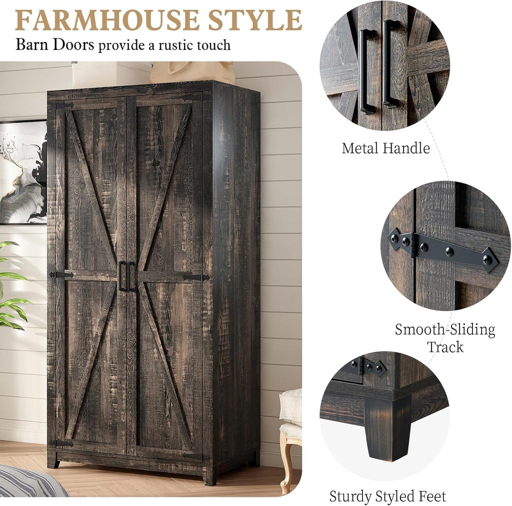 70" Farmhouse Wardrobe Closet Set of 2 with Hanging Rod & Barn Doors