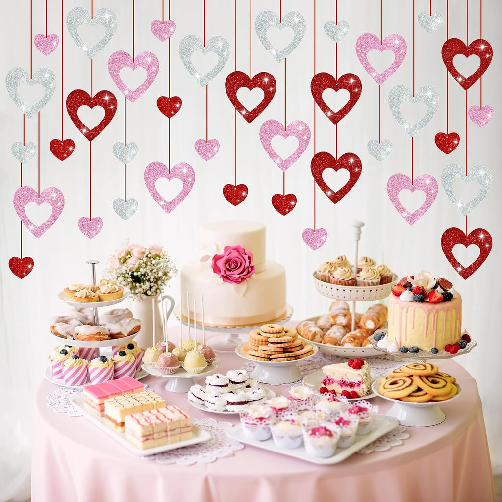 Valentine's Day Decorations, Glitter Heart Hanging Swirls - Set of 36