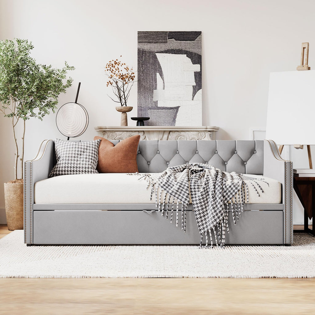 Twin Size Upholstered Daybed with Pop up Trundle, Velvet Day Bed Frame with Extendable Trundle, Twin to King