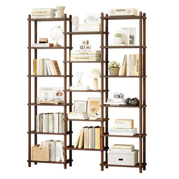 Wooden Triple Wide Bookshelf, 6-Tier Large Open Bookcase, Walnut