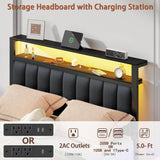Full Bed Frame with Charging Station and LED Lights, Platform Bed with Metal Slats