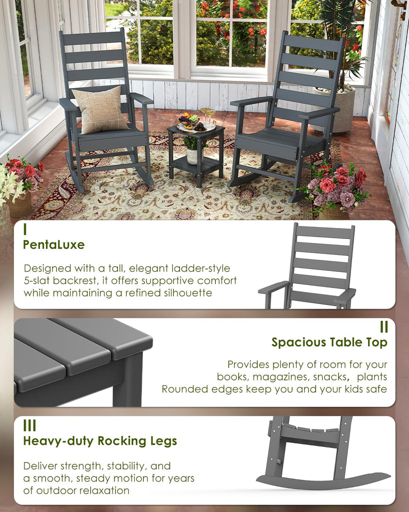 Outdoor-Rocking-Chair Set | 3-Piece | 2 Rocking Chairs with 1 Side Table | HDPE Plastic | Patio Rockers | Porch