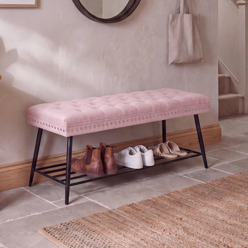 Thick Cushioned Shoe Bench, Entryway Bench with Metal Shoe Rack, Upholstered Tufted Ottoman Bench, End of Bed Bench
