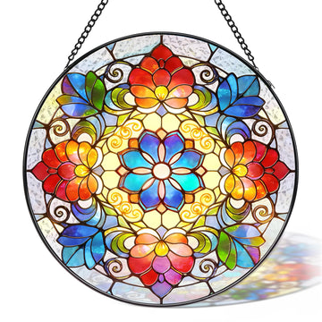 Stained Glass Window Hanging, 6.3 Inch Rainbow Mandala Suncatcher Colorful Lotus Glass Panel Sun Catchers Indoor