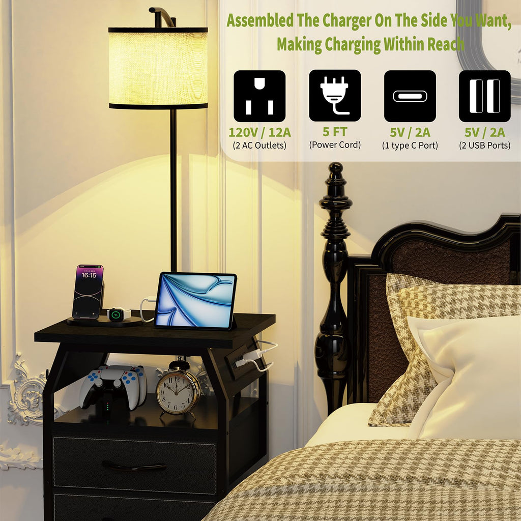 Floor Lamp with Table Set 2, End Table with Light & Charging, Black