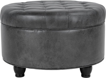 25" Button Tufted Round Storage Ottoman - Gray Faux Leather