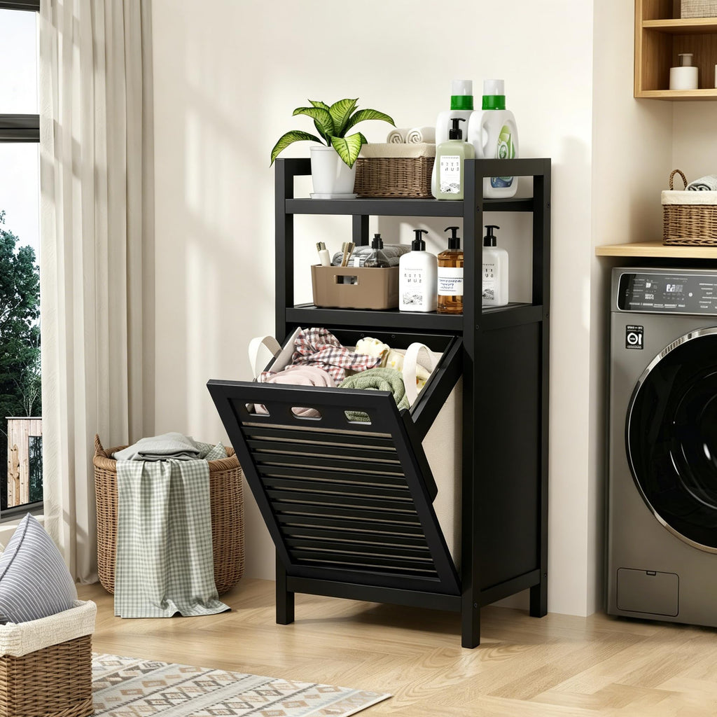 Tilt Out Laundry Hamper, Bamboo Laundry Storage Cabinet with Shelf, 10 Gal Hidden Laundry Basket Organizer, Laundry