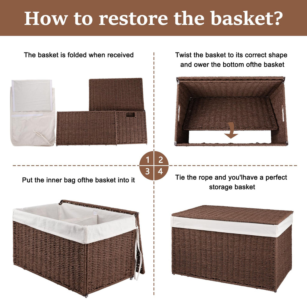 Storage Basket with Lid, 27.7 Gallon (105L) Blanket Basket with Removable Separated Liner Bag, Paper Rope Hamper with