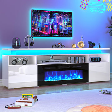 82.6" Fireplace TV Stand w/40 Electric Fireplace for 95in TVs, 26.5" Tall High Gloss Entertainment Center