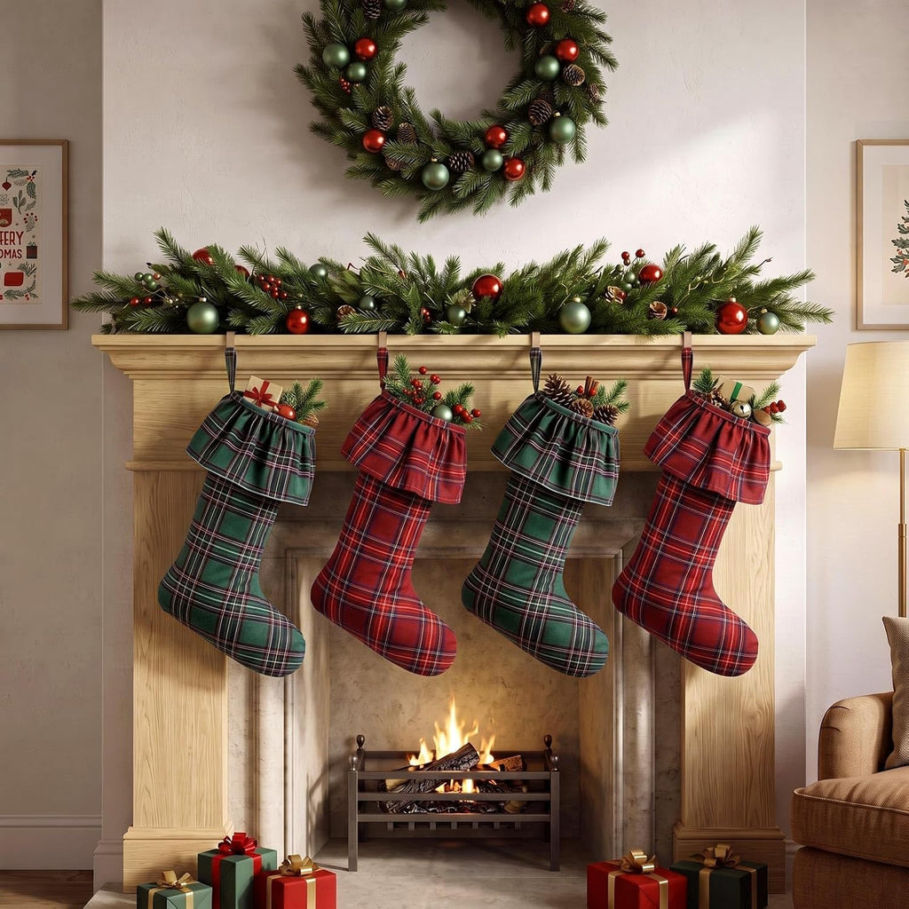 Large Christmas Red Green Tartan Plaid Stockings Decor Gift - Set of 4