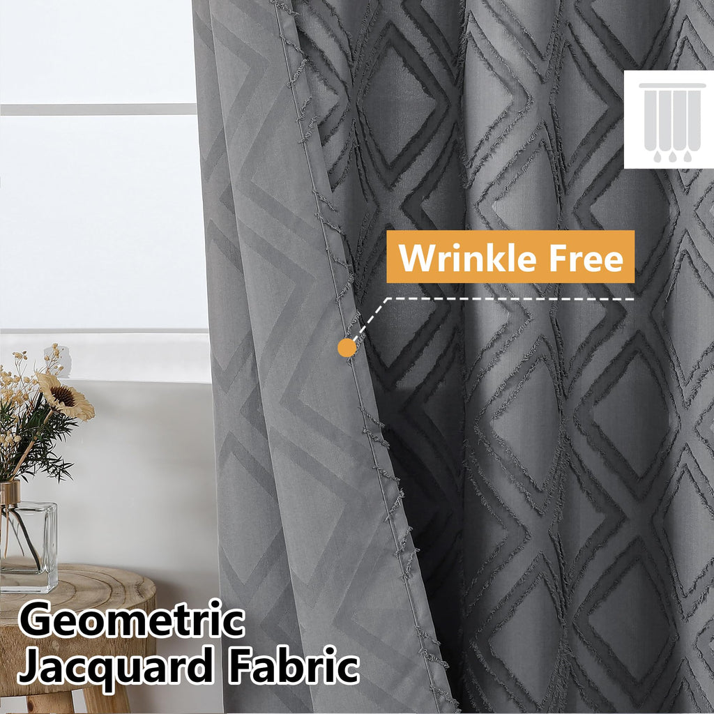 Extra Long 96 Inch Grey Shower Curtains, Boho Fabric Shower Curtain Grommet Top With 12 Hooks, Elegant Modern