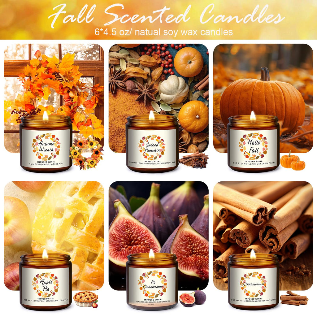 Fall Candles Gifts Set 6 Pack Soy Wax Scented Candle 27 OZ 200 Hrs Burn, Scents of Berry, Sugar, Spiced Apple, Autumn