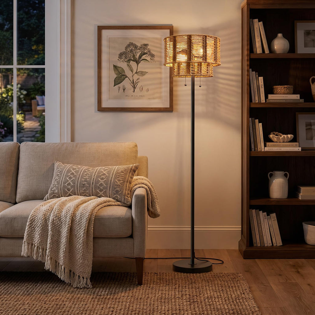 60" Farmhouse Floor Lamps, Pull Chain&Rattan Shade