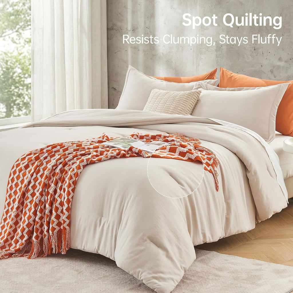 Queen Comforter Set Beige, 3 Piece Solid Bedding for All Seasons
