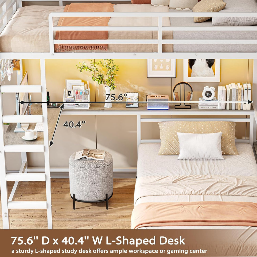 Bunk Bed Twin Over Twin with Hall Tree, Charging Station and LED Lights, L-Shaped Bunk Bed with Desk