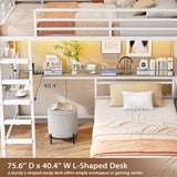 Bunk Bed Twin Over Twin with Hall Tree, Charging Station and LED Lights, L-Shaped Bunk Bed with Desk