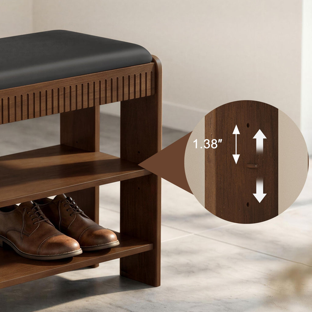 Shoe Bench with Cushion, Solid Wood 2 Tier Adjustable Storage Shoe Bench Rack, Closet, Living Room, Hallway