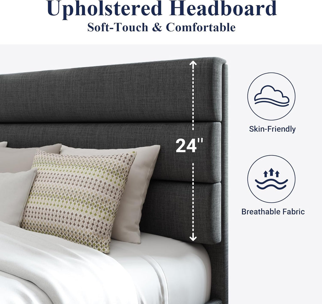 King Bed Frame Platform Bed with Fabric Upholstered Headboard and Wooden Slats Support