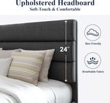 Full Platform Bed Frame with Fabric Upholstered Headboard and Wooden Slats Support