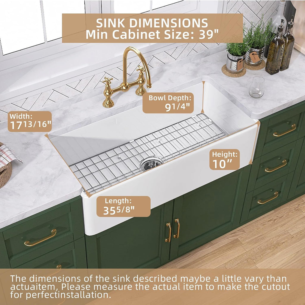White Farmhouse Sink 36 inch Fireclay Farm Sink Apron Front Single Bowl Kitchen Sinks Deep Large Capacity Porcelain