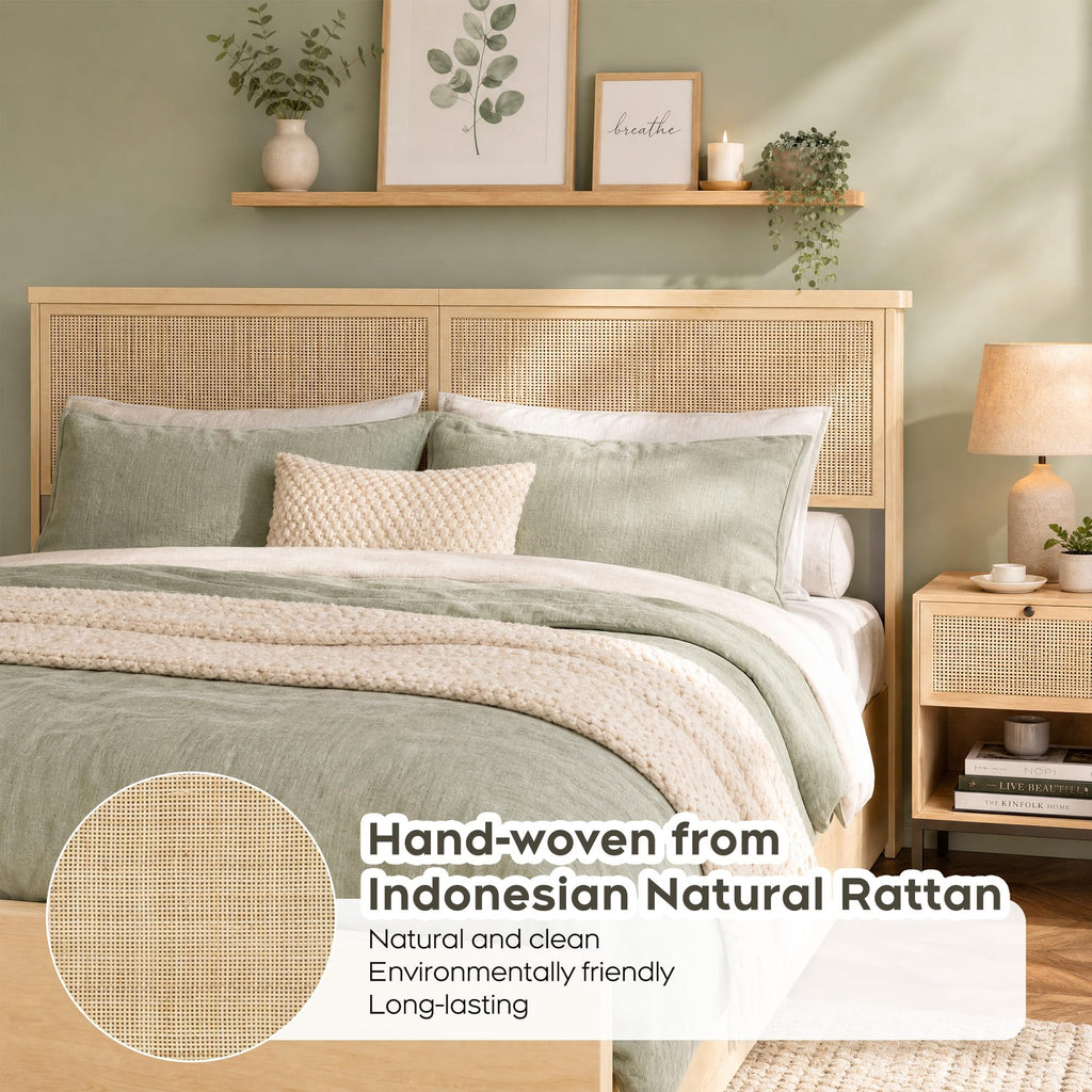 King Bed Frame with Natural Rattan Headboard and Wooden 4 Storage Drawers, Light Oak Metal Platform Bedframe with