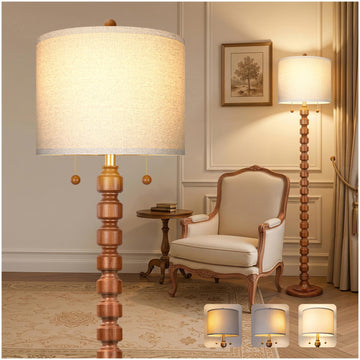 63.5"H Solid Wood Floor Lamp Bedroom, Pull Chain