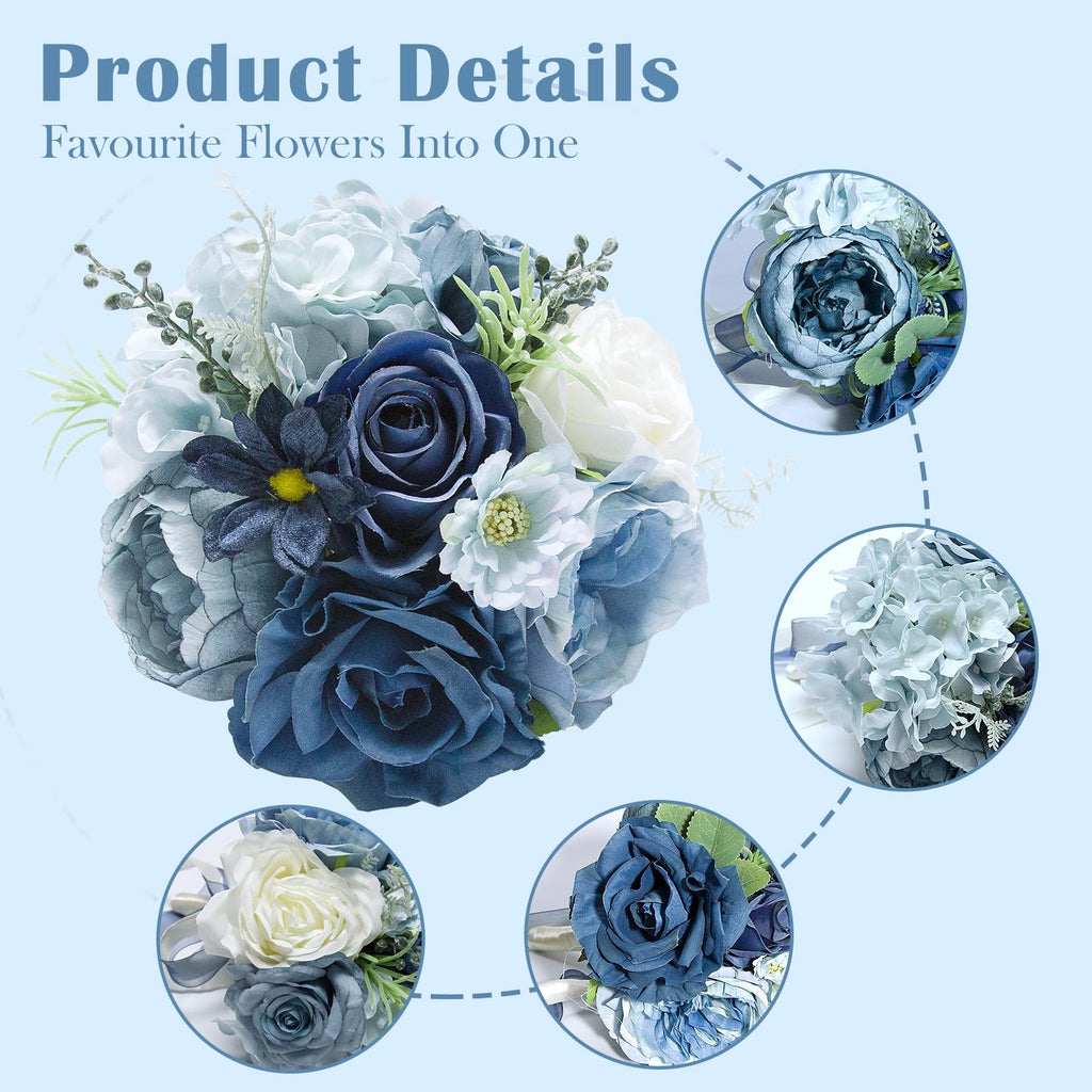 Artificial Bridesmaid Bouquets Set of 4 - NavyBlue 9 Inch Various Flower Bouquet for Wedding Party Ceremony