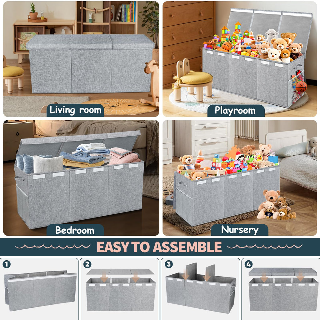 Extra Large Toy Box with Lids, Collapsible Storage Bin, 38"x16"x14", Gray