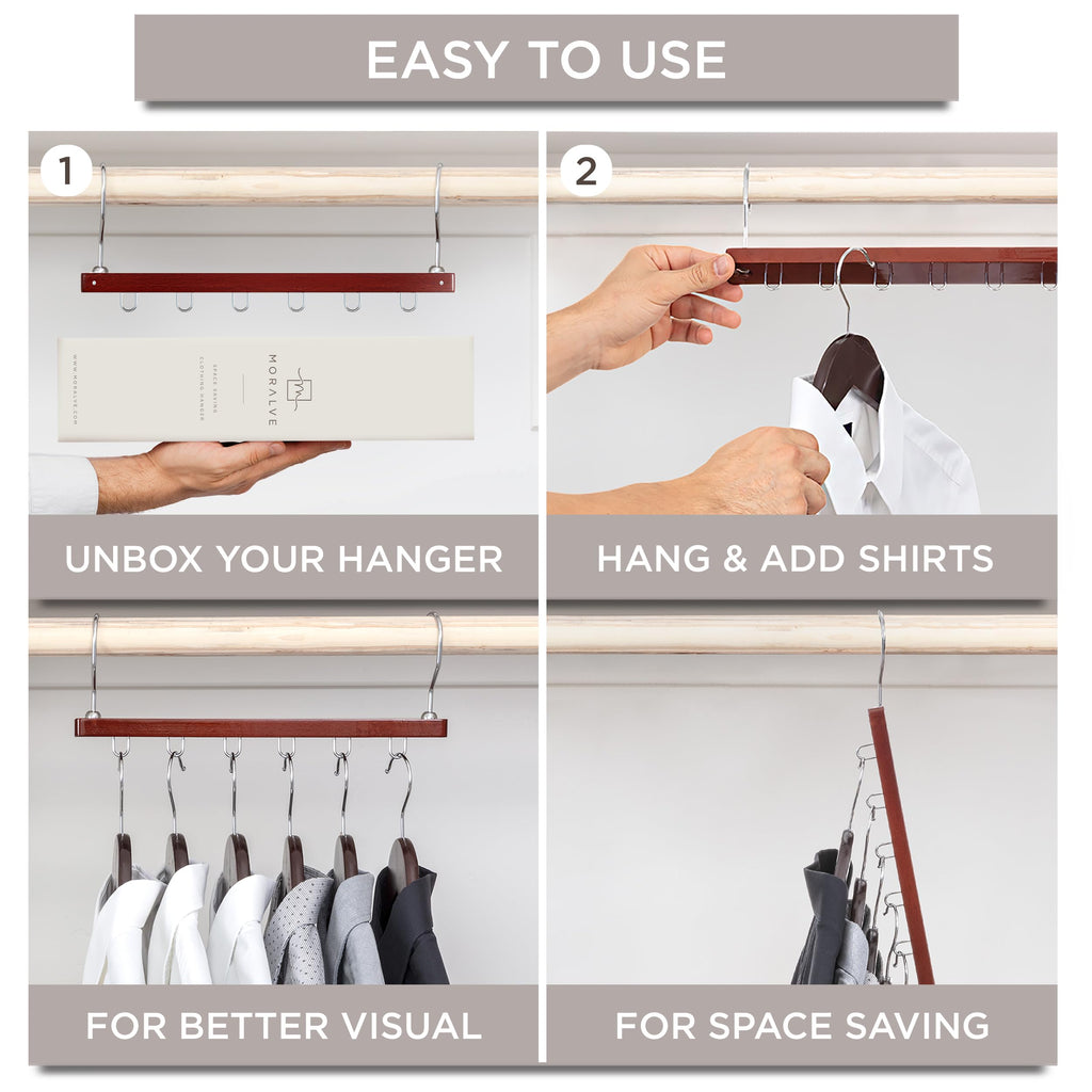 Space Saving Hangers for Closet - 4 Pack European Beechwood 6-Tier Shirt Organizer with 360° Swivel Hook