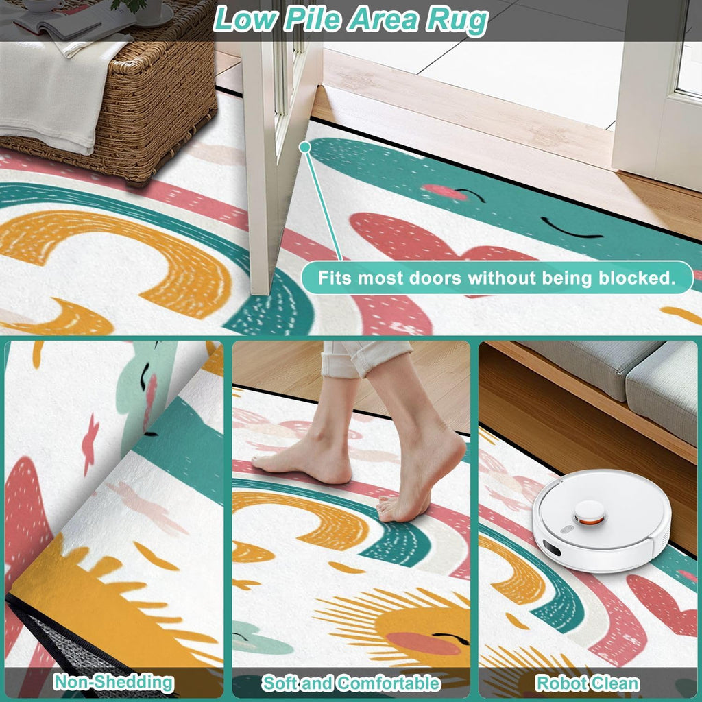.3 Area Rug Low Pile Seamless Childish Rainbows Sun Moon Scandi Washable Throw Rug Non-Slip Non-Shedding Rug