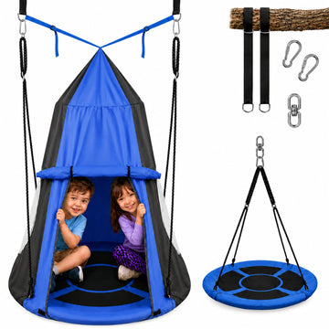 Kids Tree Swing with Tent Cover | 40" Saucer Hanging Seat, Padded Frame for Indoor Outdoor Play, Detachable Tent