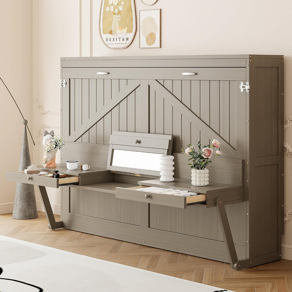 Queen Horizontal Murphy Bed with Desk and Storage Drawers & Mirror, Wood Farmhouse Folding Murphy Bed Cabinet with